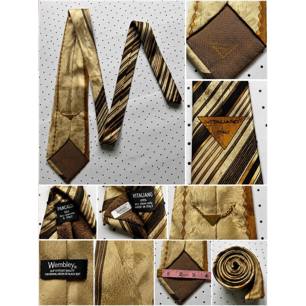 Vitaliano Pancaldi Italy Silk Tie Gold Brown Striped‎ Geometric Vintage Mens 4"